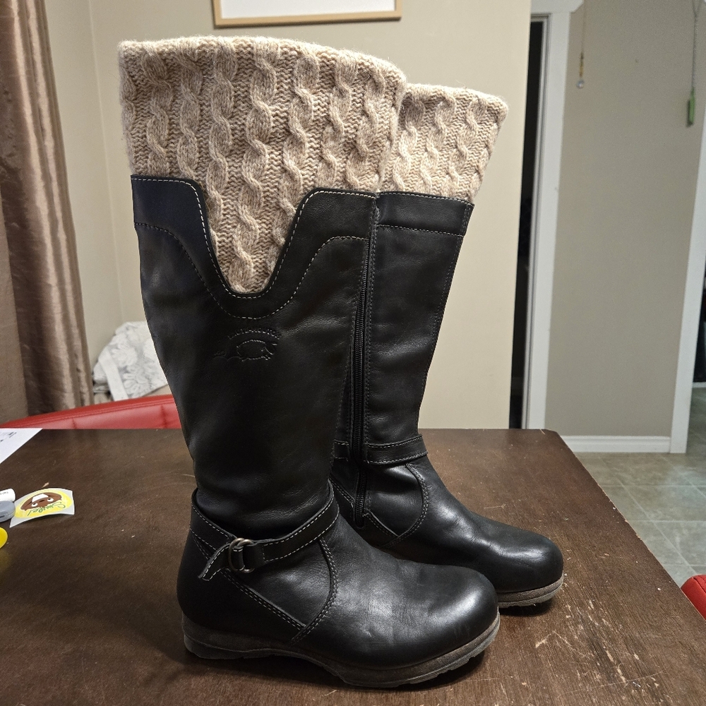 Saute-Mouton Knee-High Boots Womens 38 Merideth Wool Knit Leather 8 Canadian